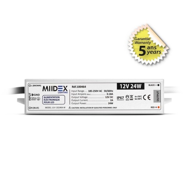 Alimentation pour LED 24W - 12V DC - IP67 - GARANTIE 5 ANS